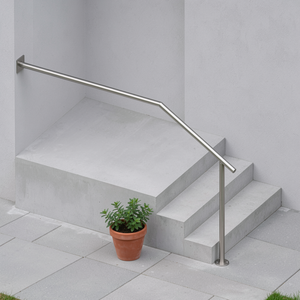 Treppenhandlauf THL 15 Edelstahl – langes Podest, oben mit Wandplatte, unten überstehend - DeinMetallbauer.shop