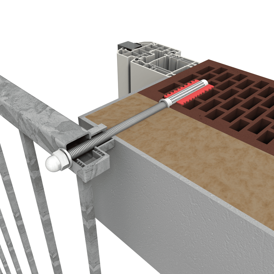 Montagezeichnung eines Fenstergitters mit M10 × 330 Gewindestange, Siebhülse und Injektionsmörtel zur Befestigung in gedämmtem Lochsteinmauerwerk
