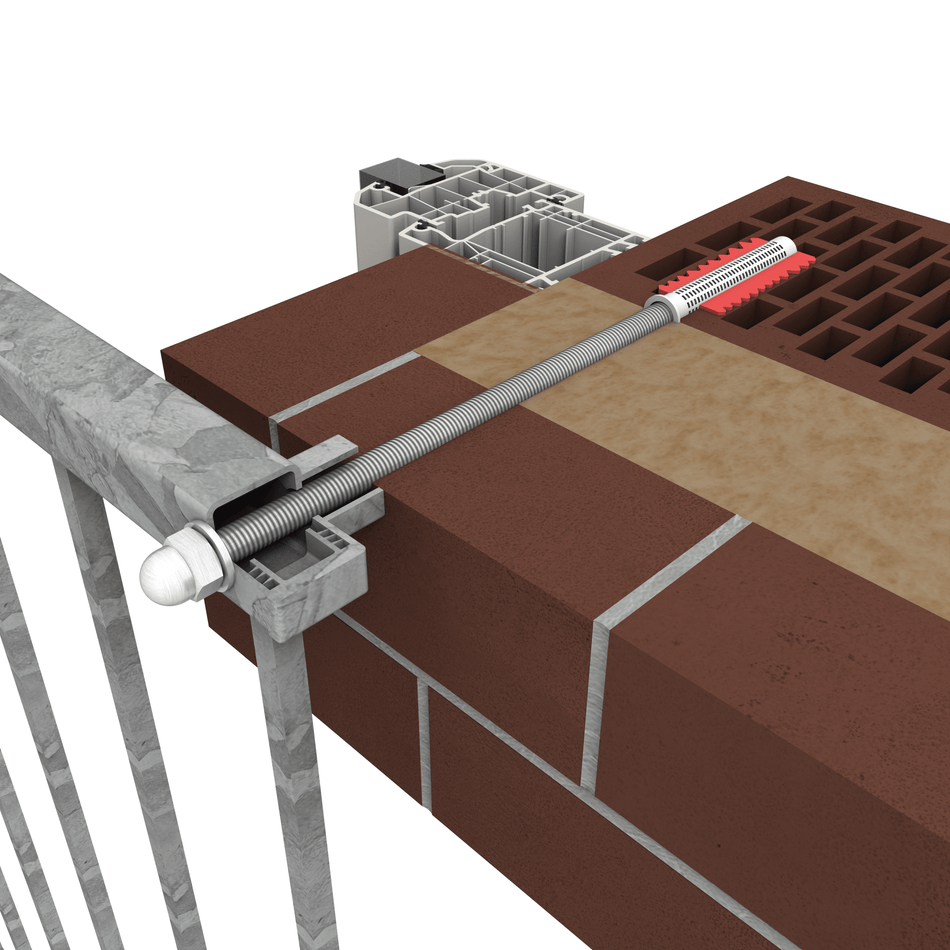 Montagezeichnung eines Fenstergitters mit M10 × 330 Gewindestange, Siebhülse und Injektionsmörtel zur Befestigung in gedämmtem Lochsteinmauerwerk