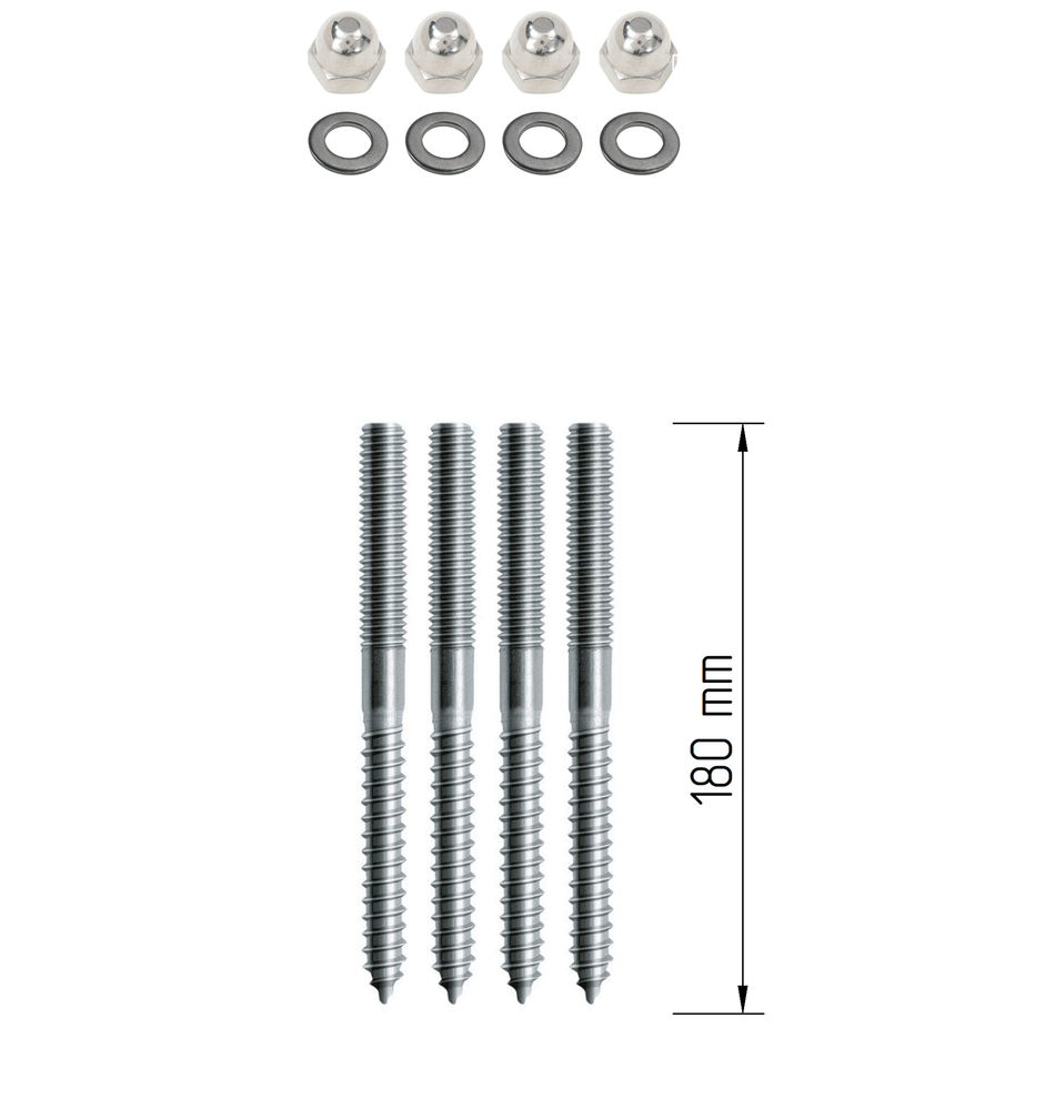 Montageset mit vier 180 mm Stockschrauben, Hutmuttern und Unterlegscheiben zur Befestigung von Fenstergittern