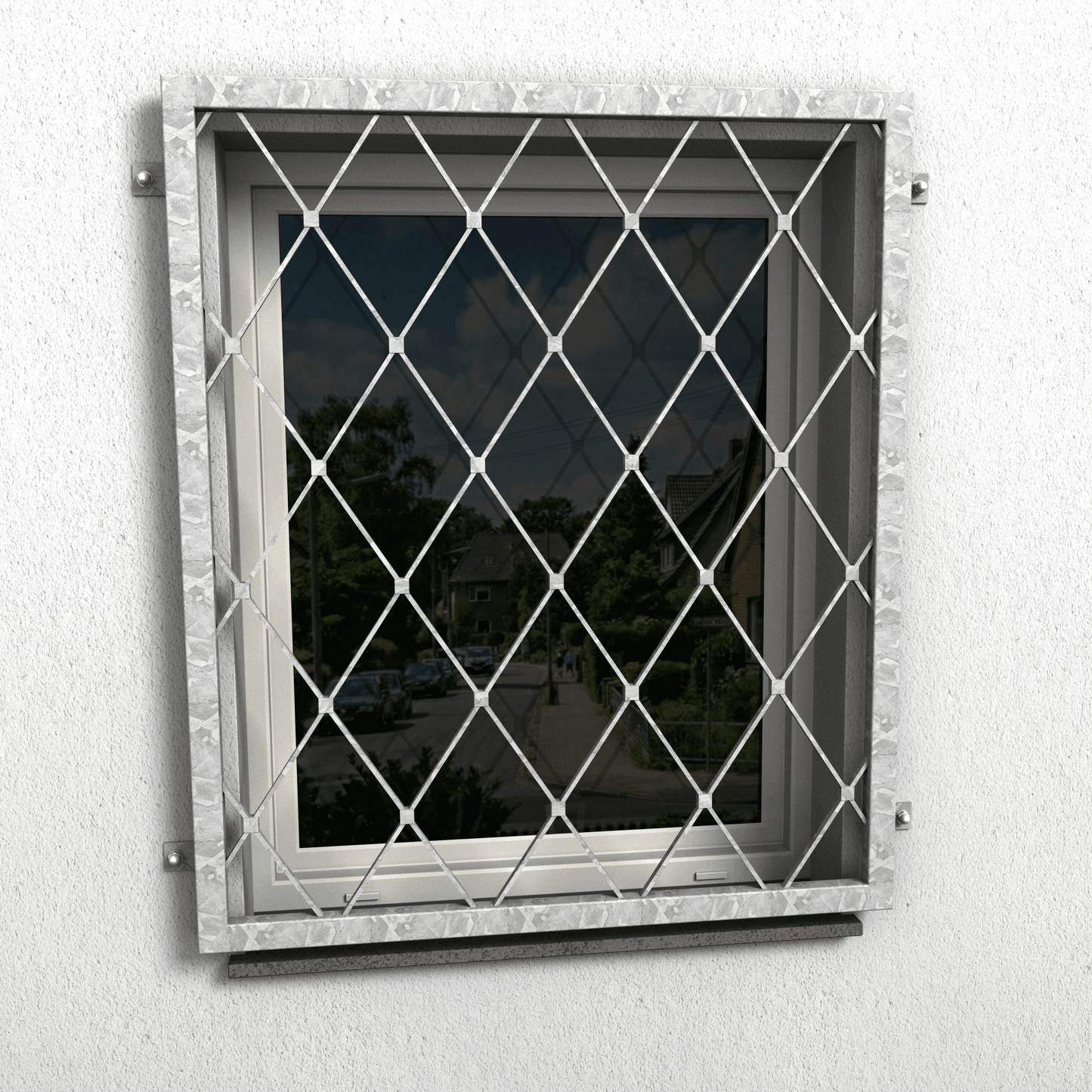 Fenstergitter aus feuerverzinktem Stahl mit Rautenmuster als Einbruchschutz am Fenster