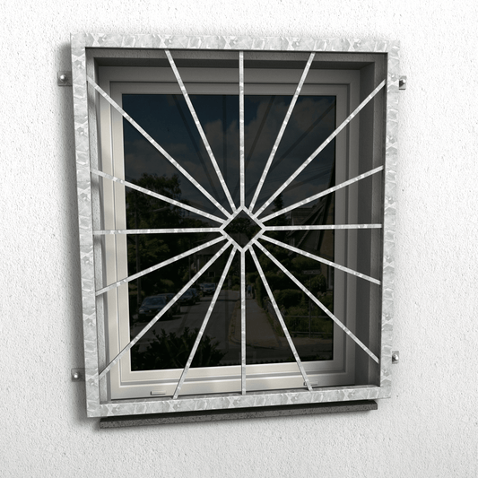 Fenstergitter Atlas 15 aus feuerverzinktem Stahl mit Strahlenmuster am Fenster