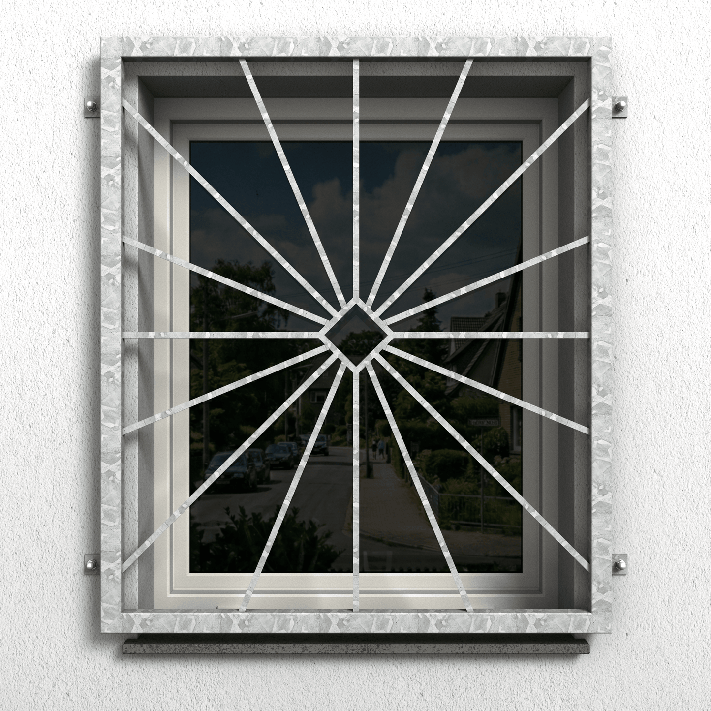 Fenstergitter Atlas 15 aus feuerverzinktem Stahl mit radialem Strahlenmuster als Einbruchschutz am Fenster