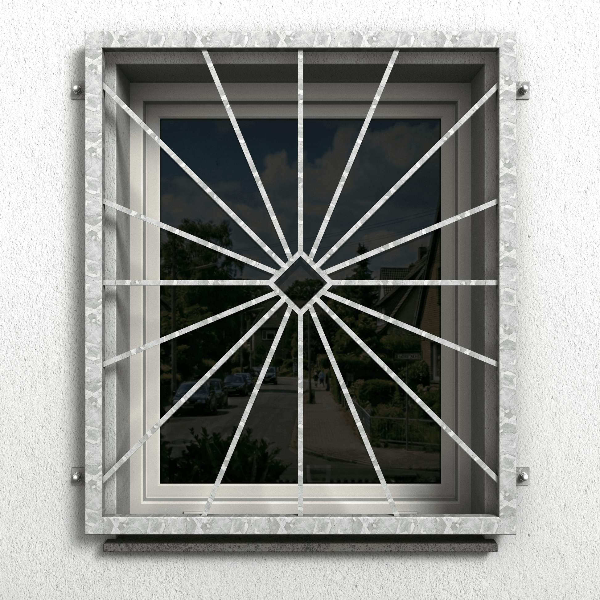 Fenstergitter Atlas 15 aus feuerverzinktem Stahl mit radialem Strahlenmuster als Einbruchschutz am Fenster