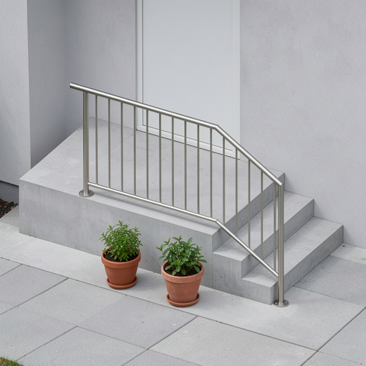 Treppengeländer TRG 04 Edelstahl – langes Podest, Handlauf oben überstehend - DeinMetallbauer.shop