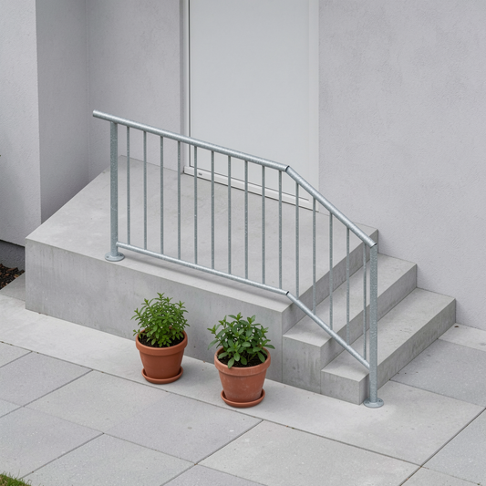 Treppengeländer TRG 04 verzinkt – langes Podest, Handlauf oben überstehend - DeinMetallbauer.shop
