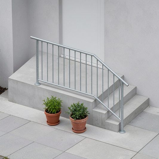 Treppengeländer TRG 06 verzinkt – langes Podest, Handlauf beidseitig überstehend - DeinMetallbauer.shop