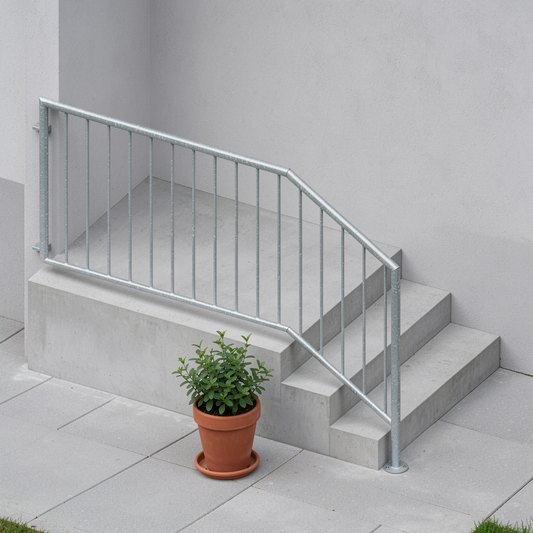 Treppengeländer TRG 09 verzinkt – langes Podest, oben an der Hauswand - DeinMetallbauer.shop
