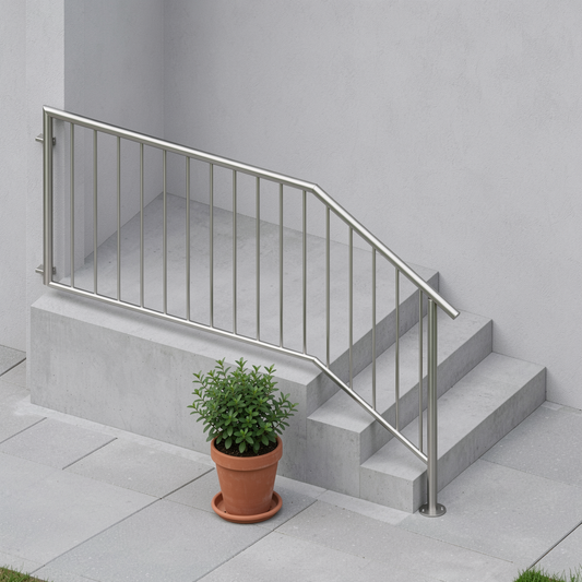 Treppengeländer TRG 11 Edelstahl – langes Podest, oben an der Hauswand, unten überstehend - DeinMetallbauer.shop