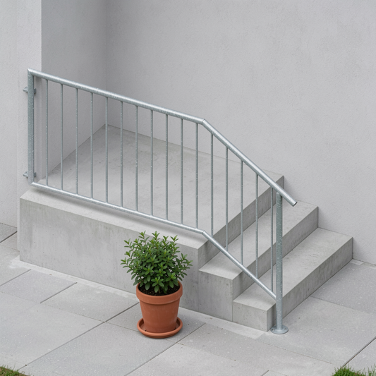 Treppengeländer TRG 11 verzinkt – langes Podest, oben an der Hauswand, unten überstehend - DeinMetallbauer.shop