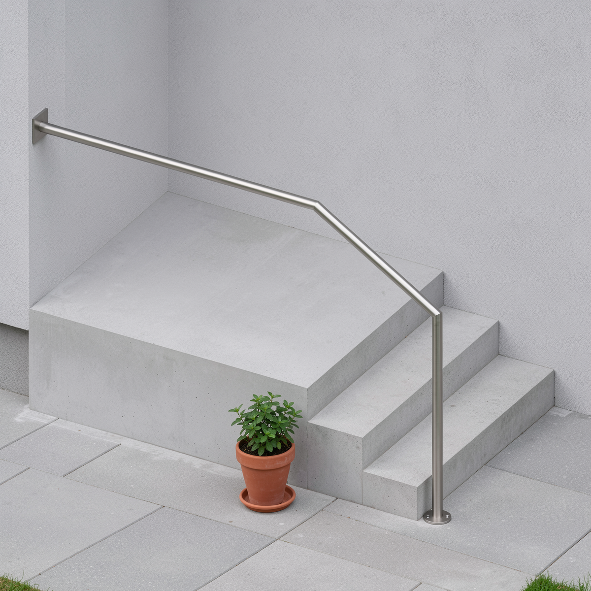 Treppenhandlauf THL 04 Edelstahl – langes Podest, oben mit Wandplatte - DeinMetallbauer.shop