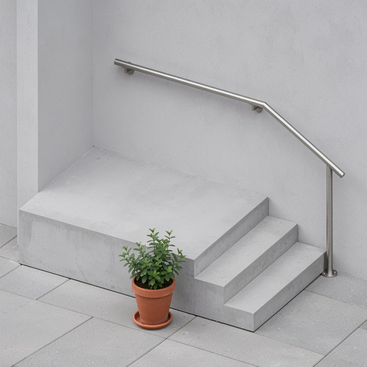 Treppenhandlauf THL 17 Edelstahl – langes Podest, oben an Wandhaltern, unten überstehend - DeinMetallbauer.shop
